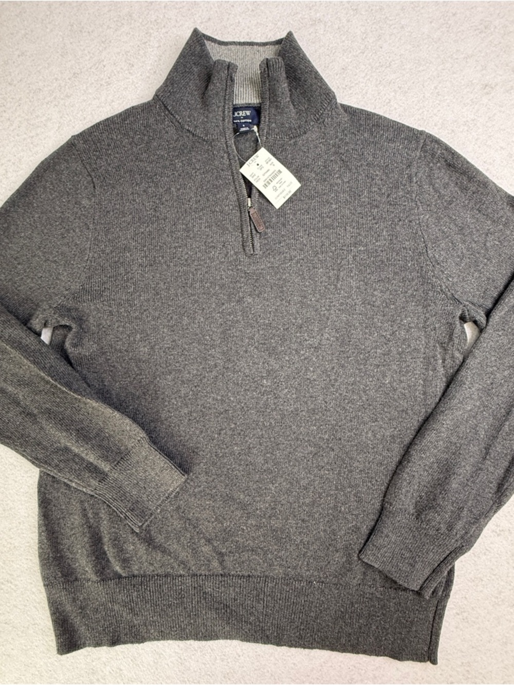 NWT! J. Crew Men's Charcoal Gray Quarter-Zip 100% Cotton Sweater | Size S